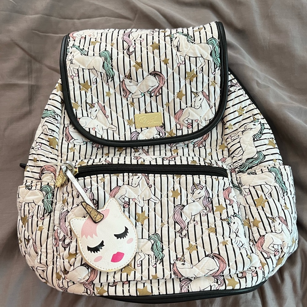 Betsey Johnson UNICORNS Backpack Black White Stripe Unicorn Charm Gold stars